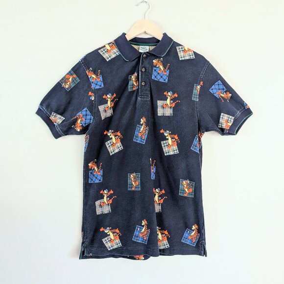 The Disney Store Vintage Tigger Golf Patchwork Pattern Navy Blue Polo Shirt S - Picture 1 of 8